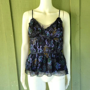 New WD-NY Black Navy Floral Pleated Silk Top Small S - Picture 1 of 4