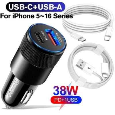 Adaptador Cargador Coche 38W Carga Rápida USB PD Tipo-C Para iPhone 16 15 14 13 Pro Max Foto 1 de 4