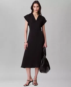 Calvin Klein Women's Silky Satin V-Neck Midi Dress Elegant Deep Black Size 2 - Picture 1 of 11