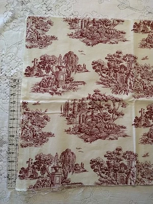 Red Cream Toile French Country Drapery Weight Fabric Cotton 21x56" W Madison Ave - Image 1 of 4