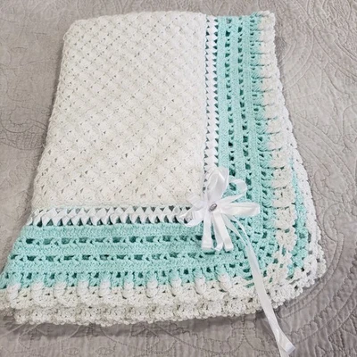 Handmade Crochet Baby Afghan 32x42 Soft Aqua White Satin Ribbon Nursery Gift - Image 1 of 4