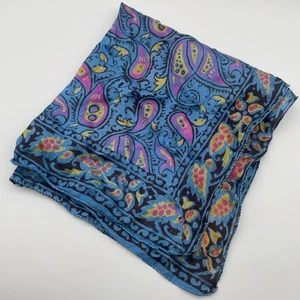 Vintage Square Scarf 19x19” Hot Pink Paisley Blue Yellow Silky Satin Feel Floral - Picture 1 of 8