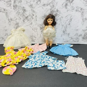 Vintage Walking Doll Brown Hair Plastic Sleepy Eyes 8" With Mixed Clothing Lot - Picture 1 of 18