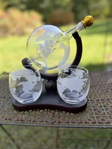Whiskey Decanter Globe Set with 4 Etched Glasses for Liquor, Scotch, Bourbon, Vo - Picture 1 of 16