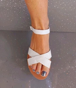 Ladies Sandals Size 6 NEW White Faux Leather Cross Strap Flats - Picture 1 of 6