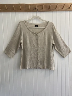 Eileen Fisher Button Up Linen Blend Tan Lightweight 3/4 Sleeve Langenlook SP - Image 1 of 4