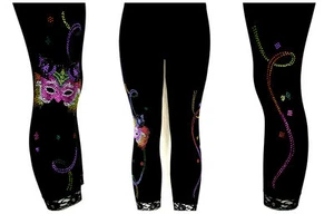 Regular One Size Yoga Capri Leggings Rhinestone Mardi Gras Cat Mask & Streamers - Picture 1 of 7