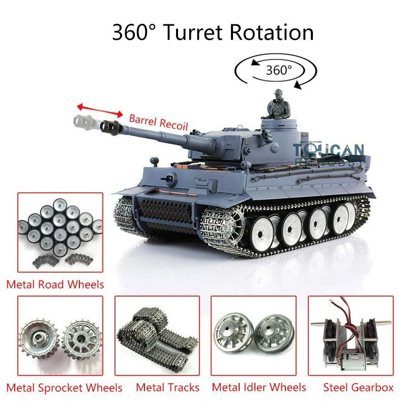 Henglong 1/16 7.0 Tiger I RTR BB RC Tank 3818 Barrel Recoil Metal Tracks Wheels - Image 1 of 4