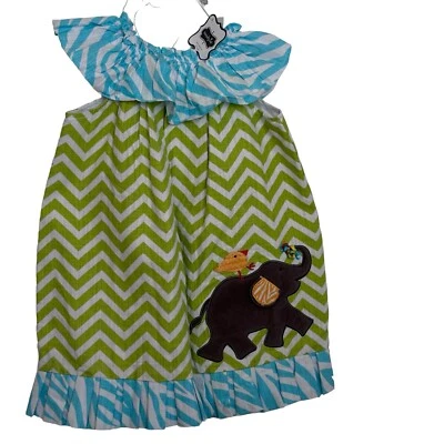Mudpie Baby Girls 2T/3T Dress Sleeveless Ruffle Green/Blue Chevron Elephant - Image 1 of 4