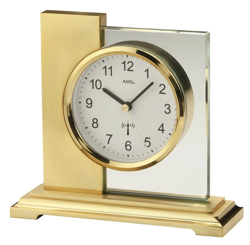 AMS 5141 Tischuhr Funk Funktischuhr Messing Metallgehäuse geschliffenes Glas  - Bild 1 von 1
