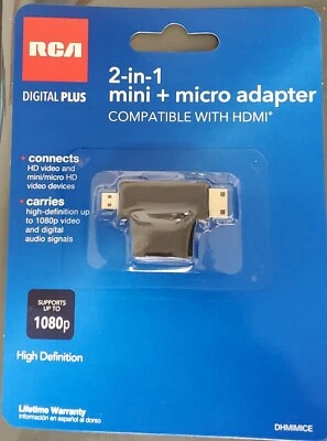 RCA 2-In-1 HDMI Female to HDMI Mini/Micro HDMI Adapter DHMIMICE Brand New - Image 1 of 2
