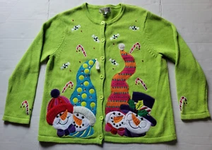 Womens XL Green Cardigan Sweater Snowmen Candy Canes Candy Heirloom Collectibles - Picture 1 of 18