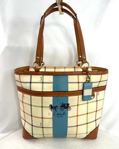 Borsa a tracolla Coach Heritage 12561 multicolore a quadri rivestita in tela righe blu