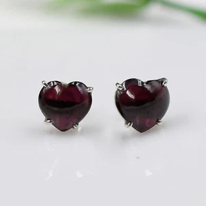 Natural Garnet Heart Stud Earrings, 925 Sterling Silver, Romantic Silver Studs - Picture 1 of 3