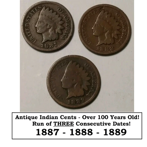 Lot run of 3 THREE Indian Head Cents 1887 1888 1889 Old US Antique Coins Set 13 Cover