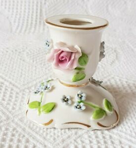Floral Candlestick ~ Vintage ~ Porcelain ~ Raised Flowers ~ 6cm Tall