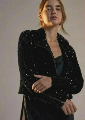 NWT Anthropologie Maeve Sequined Moto Aviator Crop Jacket Bomber S Petite $198 - Image 1 of 4