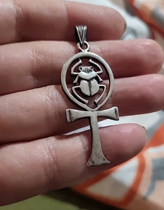 Ägyptischer Sterling Silber Ankh "Schlüssel des Lebens" Skarabäus Anhänger 6gr - Bild 1 von 3