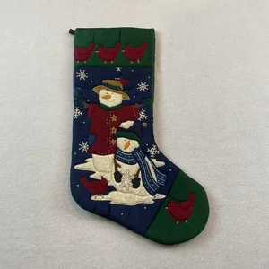 Christmas Stocking Snowman Cardinals Birds Quilted Blue Green Stick Arms - Picture 1 of 8
