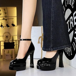 Zapatos de salón de punta redonda para mujer zapatos de tacón alto charol con correas punta puntiaguda - Imagen 1 de 28