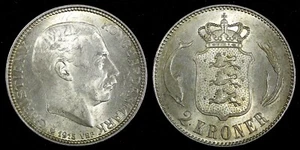 DÄNEMARK Christian X Silber 1915 VBP AH 2 Kronen ch.UNC hell getönt KM# 820 (81) - Bild 1 von 3