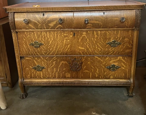 Antique Carved Wood Dresser / Chest of Drawers with Ball & Claw Feet Cover