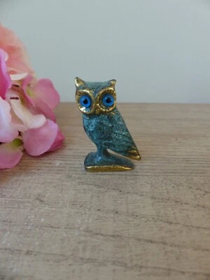 Figurine miniature hibou en laiton aux yeux bleus, hibou sculpture d'art grec - Photo 1/4