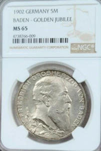 1902 GERMANY SILVER 5 MARK BADEN GOLDEN JUBILEE NGC MS 65 SCARCE GEM BU BEAUTY - Picture 1 of 5
