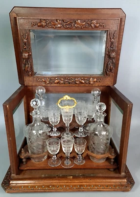 Ancienne cave à liqueur bois sculpté verre biseauté verrerie cristal C412 - Photo 1/4