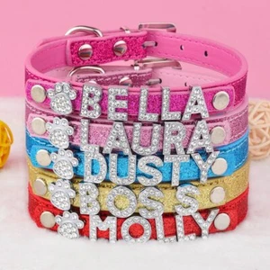 Leather Personalised Dog Collar Pet Cat Name Rhinestone Bling Charms Male Female - Picture 1 of 16