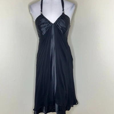 Donna Ricco 100% 真丝连衣裙吊带 6 黑色缎面 V 领鸡尾酒覆盖派对  — 第 1/4 张图片