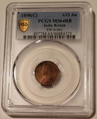 India - British Victoria 1898 (C) 1/12 Anna MS64 RB PCGS - Image 1 of 4