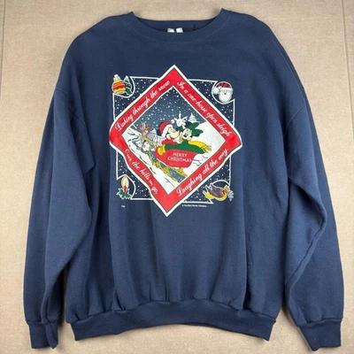 Vintage Disney Sweatshirt Men 2XL Navy Mickey Minnie Christmas Sleigh USA - Image 1 of 4