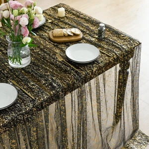 Black Gold Gauze Tablecloth 60x104 Inch Rectangular, Golden Sequin Glitter Me... - Picture 1 of 9