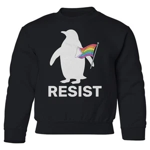 Penguin Resist Protest - LGBTQ Progress Pride Flag Youth Crewneck Sweatshirt - Picture 1 of 5