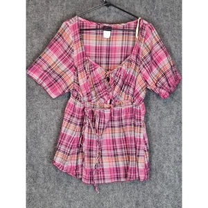 Torrid Plaid Top Pink Orange Brown Square Neck Tie Waist Sz 3XL Plus Cottagecore - Picture 1 of 8