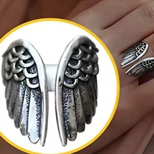 Adjustable Stainless Steel Ring Feather Angel Black Vintage Open Cuff Ring Sale - Picture 1 of 12