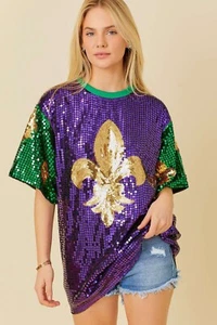 Top de lentejuelas para mujer púrpura Mardi Gras Fleur De Lis - Imagen 1 de 7