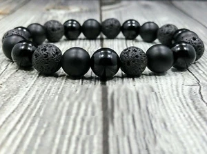 8" 10mm Matte & Polished Onyx+Lava Gemstone Beaded Men's No Metal Bracelet - Picture 1 of 3