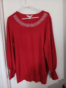 Terra&Sky Glittering Red Long Sleeve Red Pullover Sweater Rhinestones Size 14w - Picture 1 of 5
