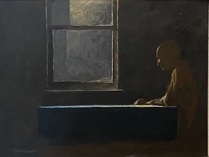 Vintage Original Signed Abstract Oil Painting On Cardboard Solitary Thinker - Picture 1 of 17