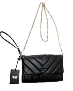 DKNY 2-in-1 Black Quilt Wrislet/Shoulder Crossbody Bag Silver-Tone Chain Strap - Picture 1 of 15