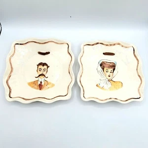 Vintage Victorian Lady And Man Wall Plaques Mid Century Ribbon Hangers Handmade - Picture 1 of 5