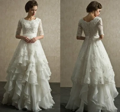 Vintage Half Sleeves Wedding Dresses Scoop Neck Appliqued Beaded Tiered Organza - Image 1 of 4