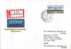 GERMANY 1997 REG. COVER DüSSELDORF SENT TO JORDAN PHILATELIC, SINGLE STAMP - Picture 1 of 5