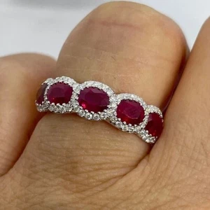 2Ct Oval Cut Lab Created Red Ruby Halo Engagement Ring 14K White Gold Plated - Picture 1 of 5