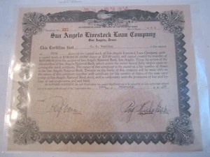1933 SAN ANGELO LIVESTOCK LOAN COMPANY STOCK CERTIFICATE - ZZZ - Picture 1 of 4