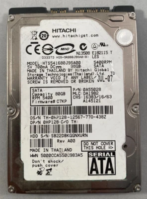 HITACHI 80GB 5400RPM HTS541680J9SA00 MLC:DA1982 PN:0A55028 HDD Hard Drive - Image 1 of 4