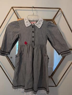 VINTAGE Jumper Girls, black gingham, lace collar long sleeve dress, size 4 - Image 1 of 4