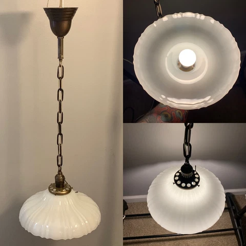 32” Long Brass Pendant Light Rewired Huge Milk White Scalloped Shade 69B Cover